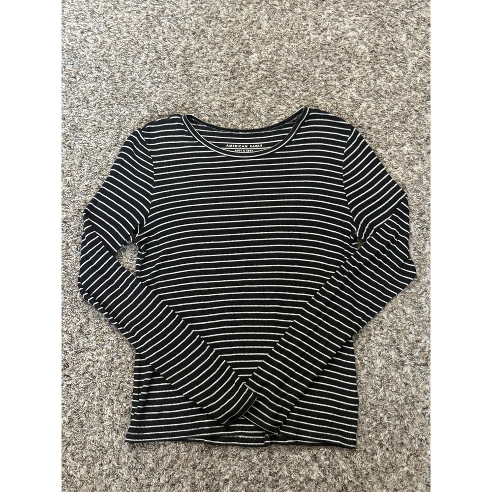 American Eagle Soft and Sexy Long Sleeve Shirt Black White Striped Medium